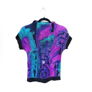 Vintage Women’s Small 90s Abstract Stretchy Crinkled Blouse Retro Whimsygoth Art